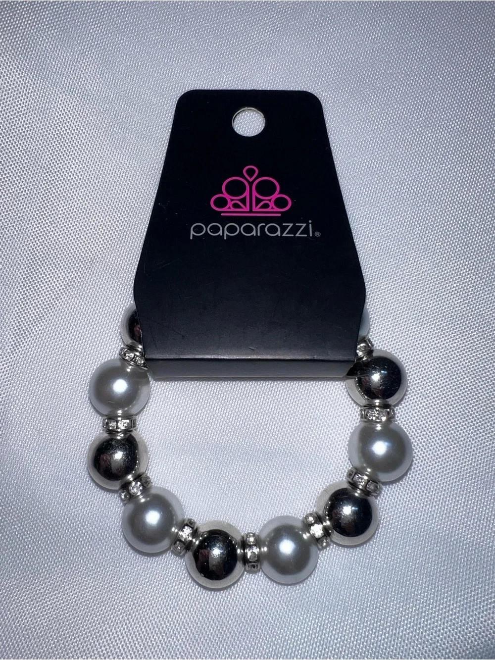 paparazzi Silver & White Pearl Stretch Bracelet with Rhinestone Accents